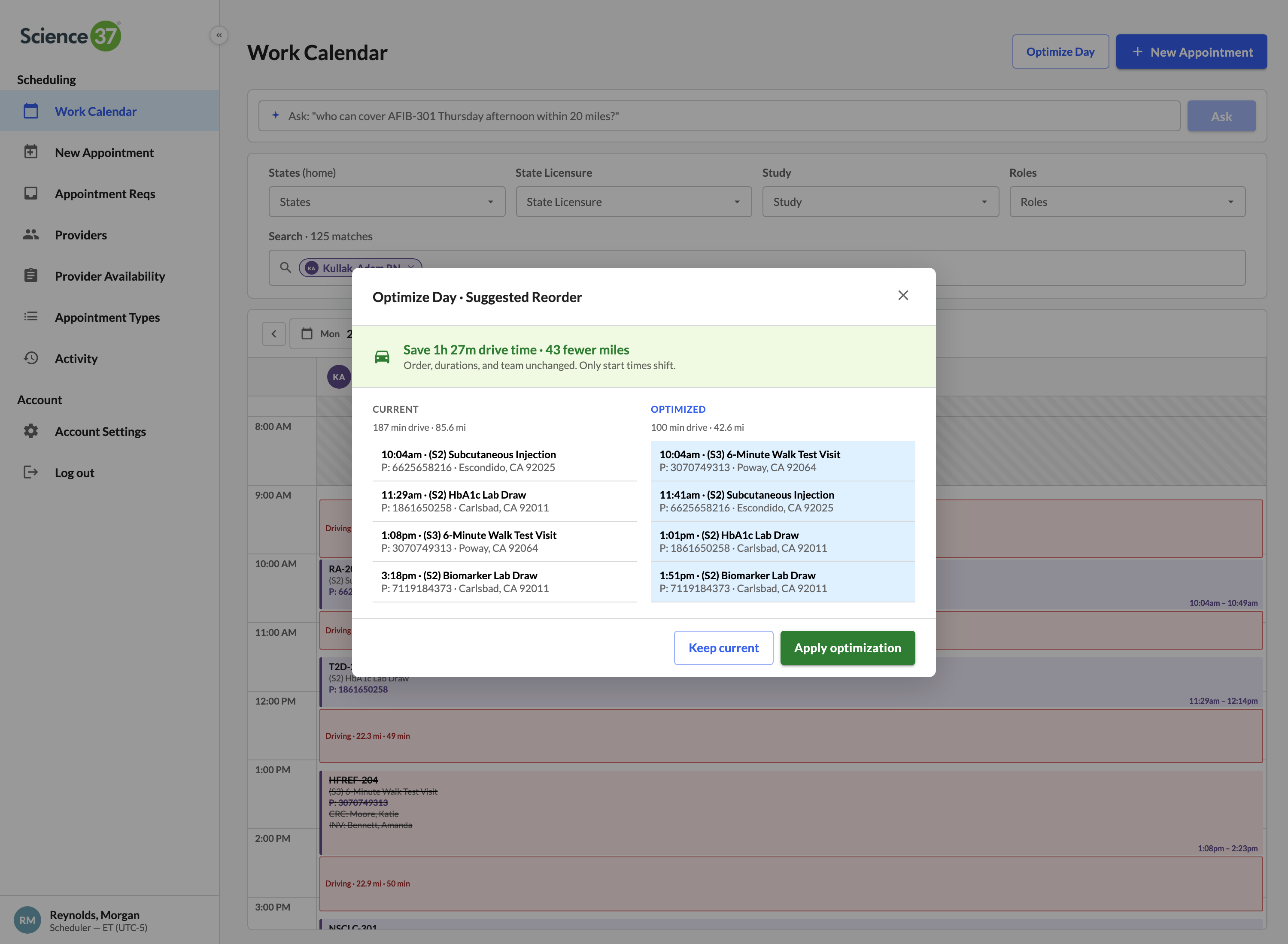 Optimize Day — drive-time engine, 1h 27m saved
